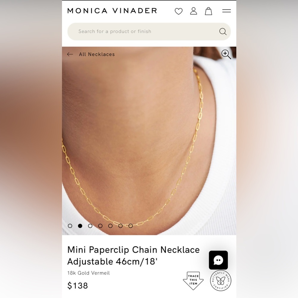Monica Vinader Mini Paperclup Gold Link Chain Necklace Adjustable